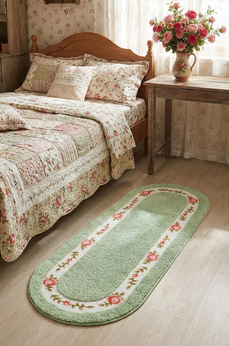 Stay Young Decorative Rose Flower Area Rug,Bedroom Living Room Bathroom Rugs,Bath Mat Kitchen Mat,Cute Floral Design,Super Soft and Non Slip,Green 17.71 x 49.21 Inch - Image 1